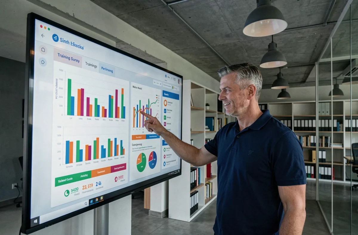 Responsable formation analysant les résultats d'évaluation sur un écran interactif en open space