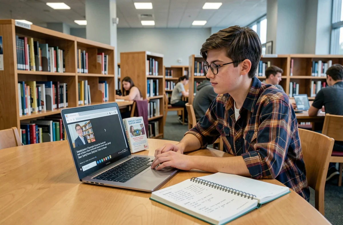 Adolescent apprenant l'anglais gratuitement avec des vidéos en ligne dans une bibliothèque publique