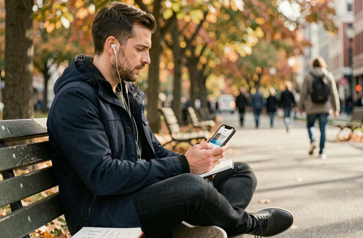 Homme apprenant l'anglais gratuitement avec un podcast sur smartphone dans un parc urbain
