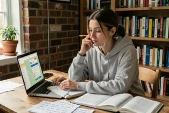 Jeune femme apprenant l'anglais seule à son bureau avec des livres et un ordinateur portable