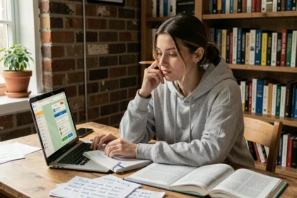 Jeune femme apprenant l'anglais seule à son bureau avec des livres et un ordinateur portable