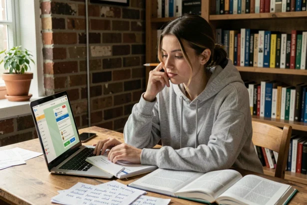 Jeune femme apprenant l'anglais seule à son bureau avec des livres et un ordinateur portable