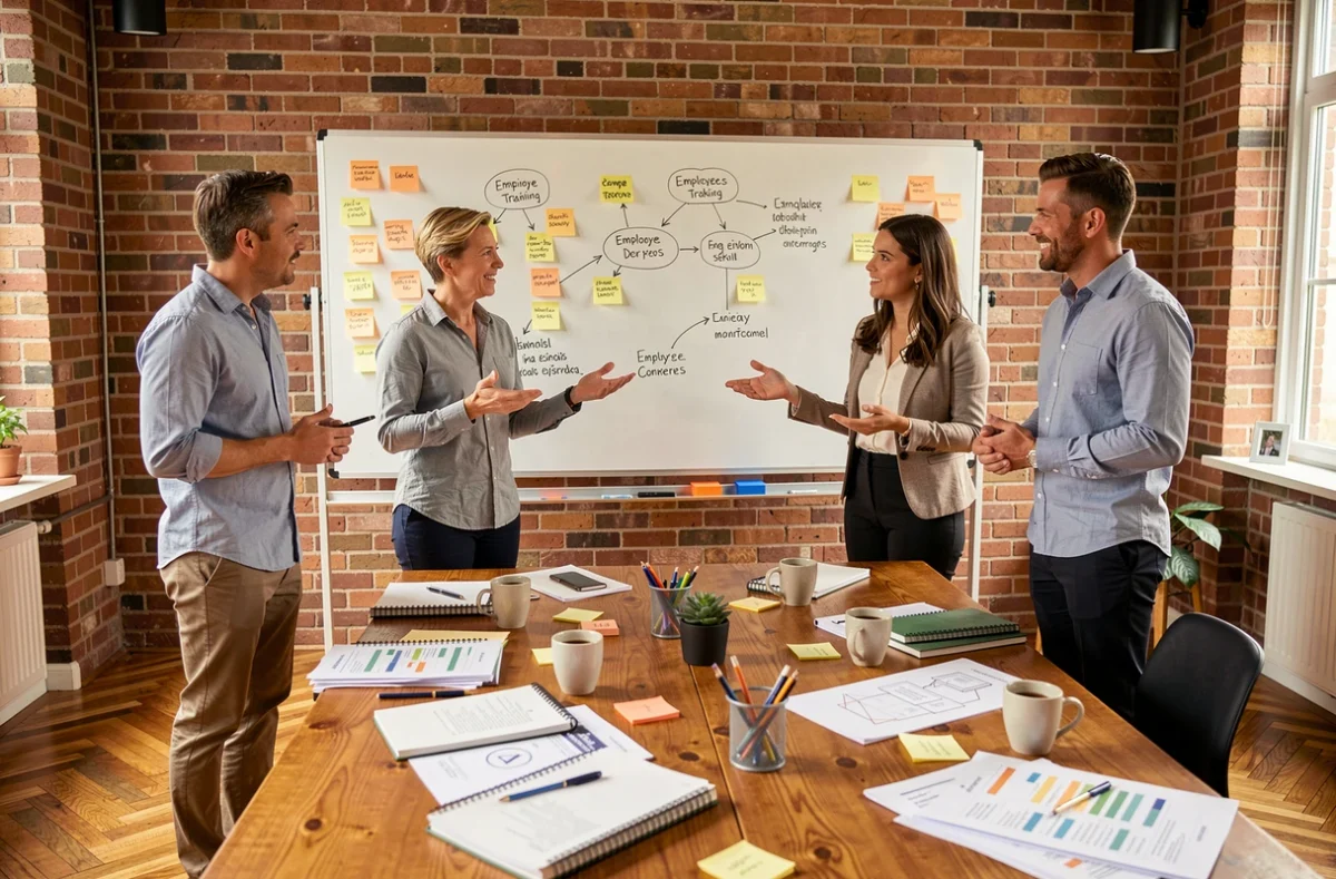 Équipe pluridisciplinaire en atelier de co-construction d'une politique de formation professionnelle autour d'un tableau blanc