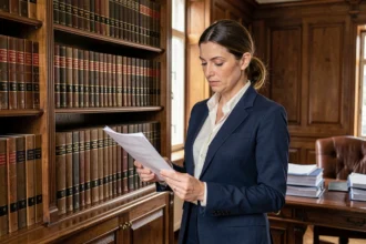 Avocate en costume marine consultant des codes de loi dans une bibliothèque juridique classique