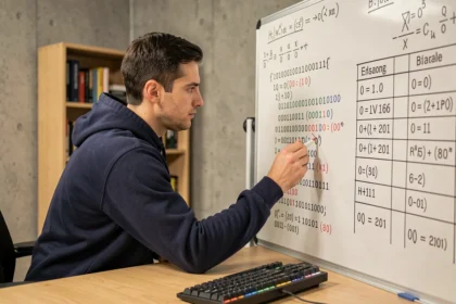 Ingénieur informatique écrivant des bases numériques binaire, octal et hexadécimal sur un tableau blanc en bureau moderne