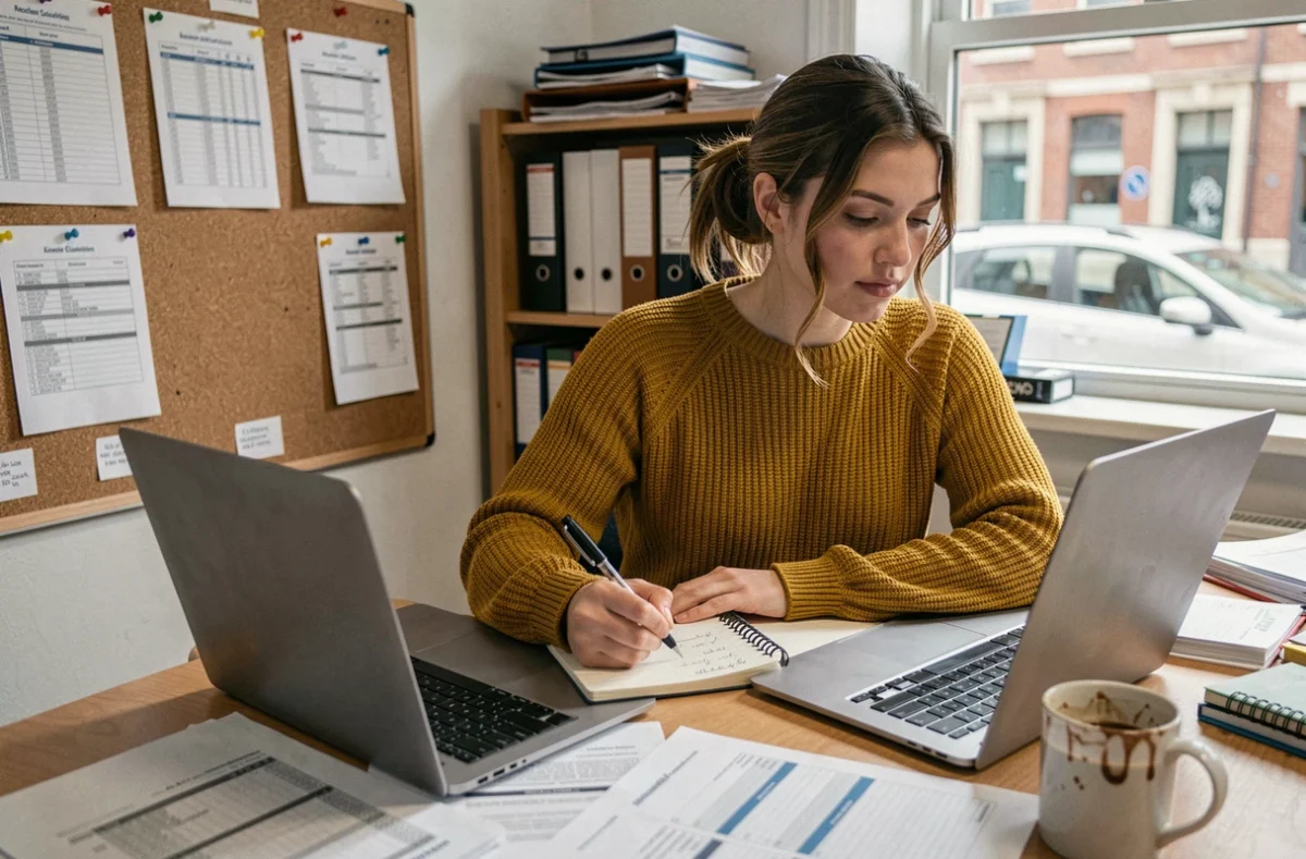 Une jeune bénévole travaille sur des tâches administratives et de gestion dans un bureau associatif, développant des compétences organisationnelles