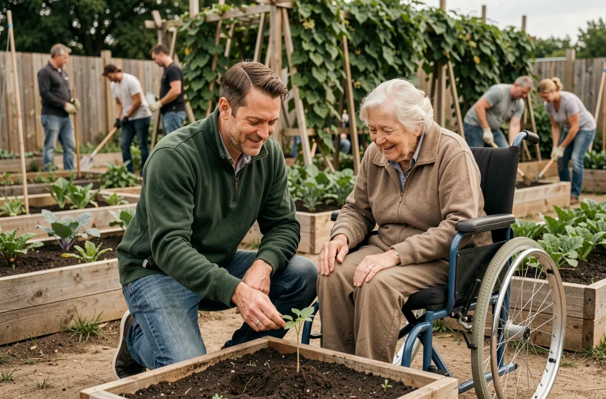 Un bénévole partage ses compétences horticoles avec une personne âgée dans un jardin communautaire associatif en plein air