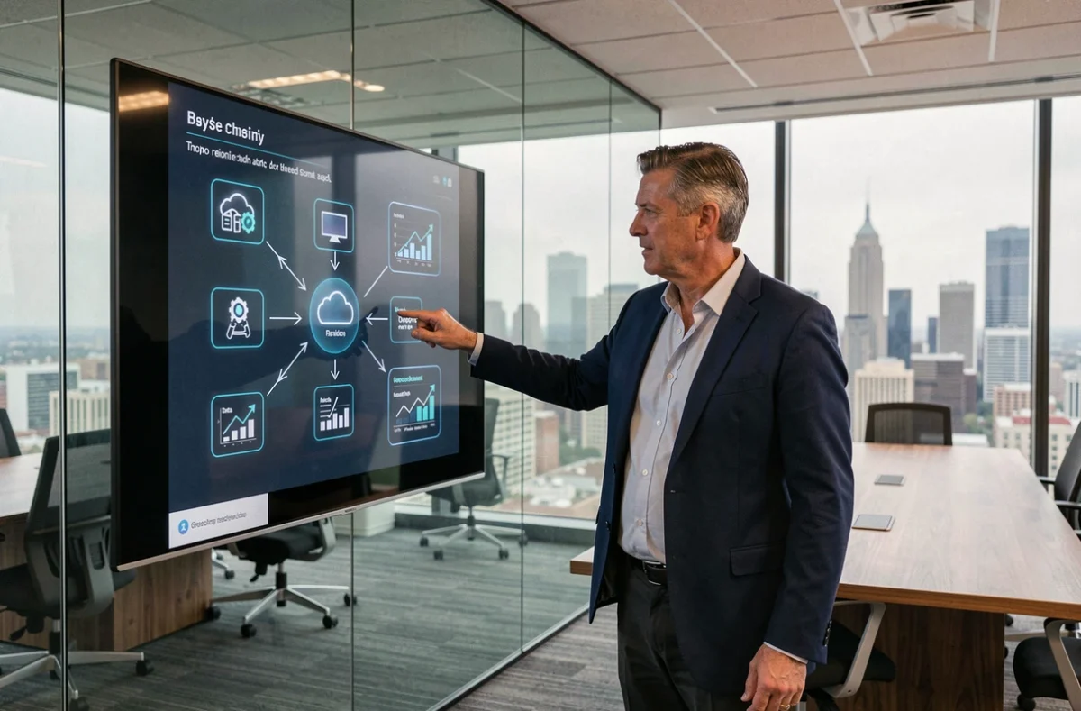 Chef d'entreprise présentant une stratégie de transformation numérique sur un écran interactif dans une salle de réunion moderne