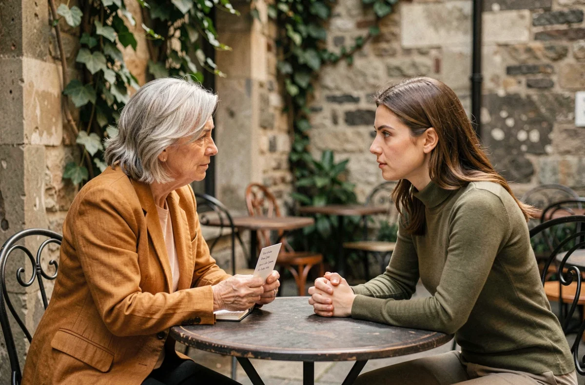 Deux femmes en séance de coaching individuel en extérieur dans une cour intimiste, échangeant autour d'un carnet de questions structurées
