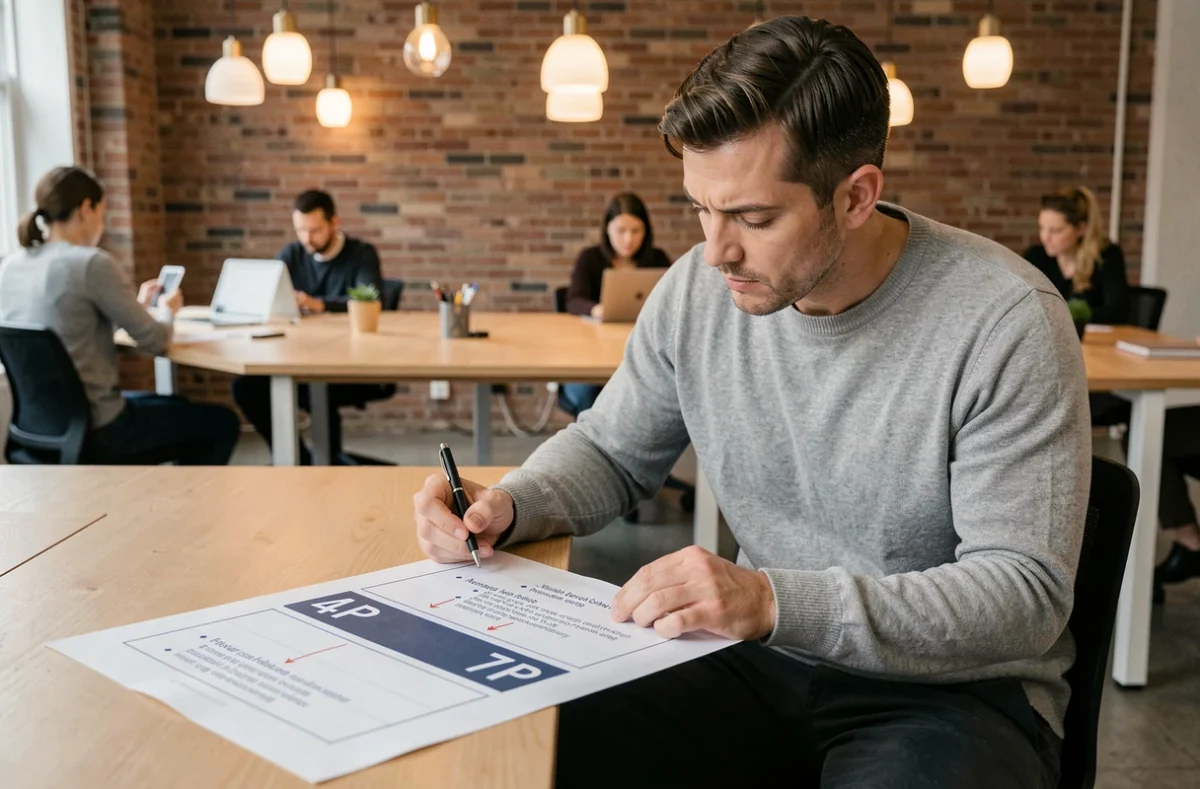 Un homme analyse un tableau comparatif entre les stratégies marketing 4P et 7P dans un espace de co-working moderne