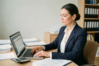 Comptable utilisant un logiciel de comptabilité ISAcompta dans un bureau professionnel moderne