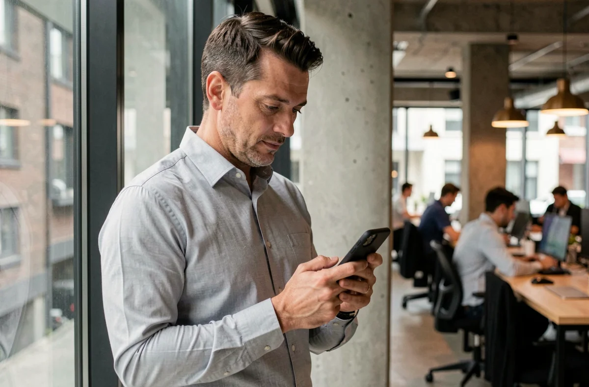 Homme consultant son compte CPF sur smartphone dans un espace de coworking moderne