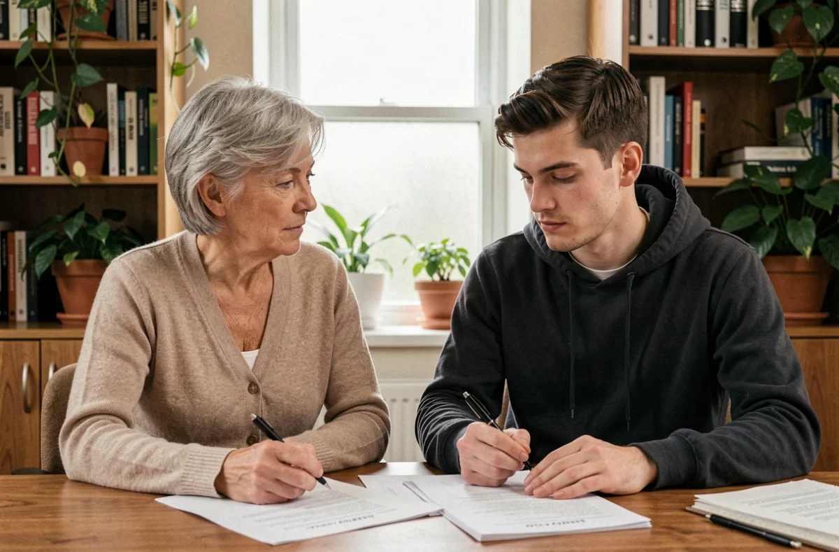 Conseillère en accompagnement professionnel guidant un jeune adulte lors d'un entretien individuel