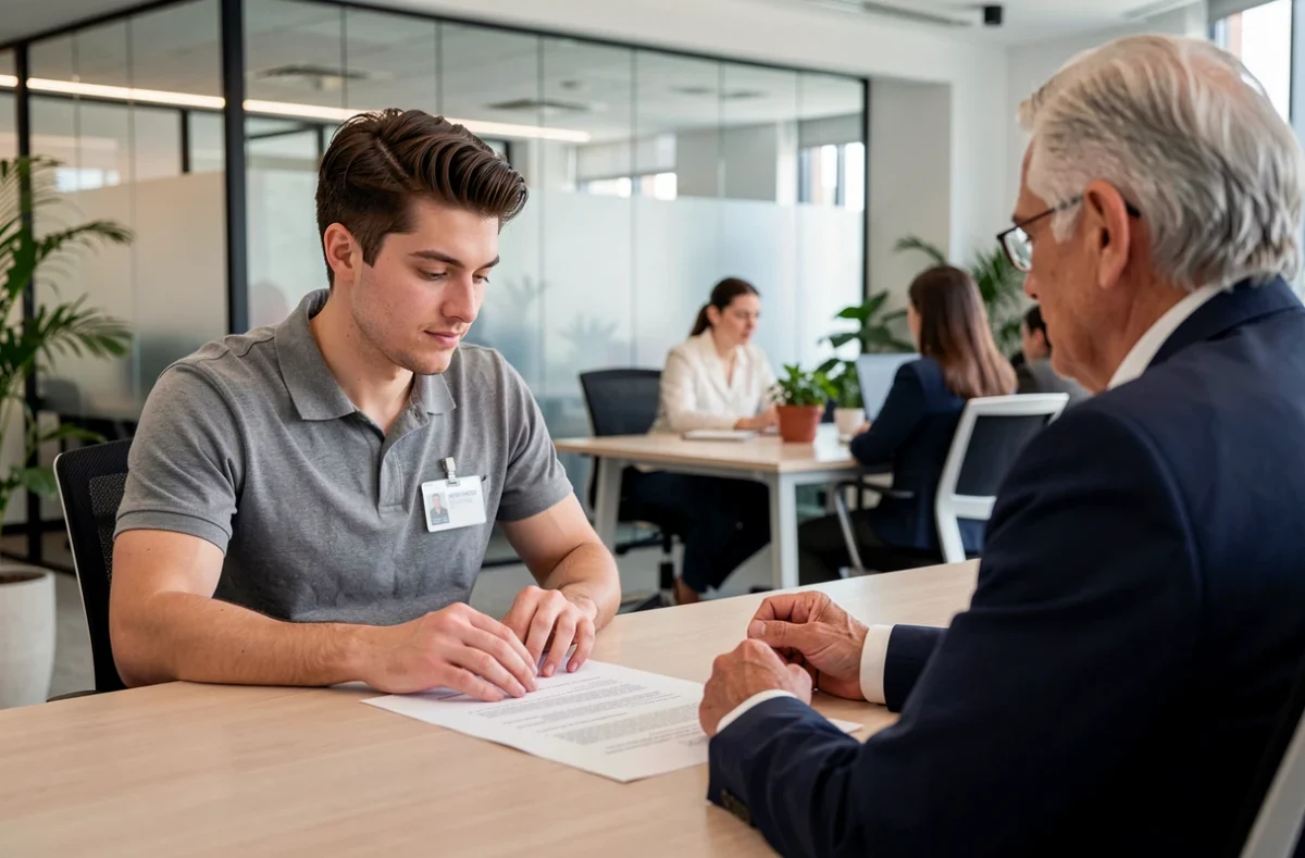 Stagiaire et responsable RH examinant un contrat de stage dans un bureau professionnel moderne