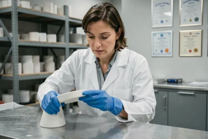 Inspectrice qualité en blouse blanche examinant un produit céramique dans un atelier industriel moderne