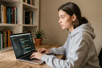 Jeune femme débutante apprenant à programmer sur un ordinateur portable avec du code Python affiché à l'écran
