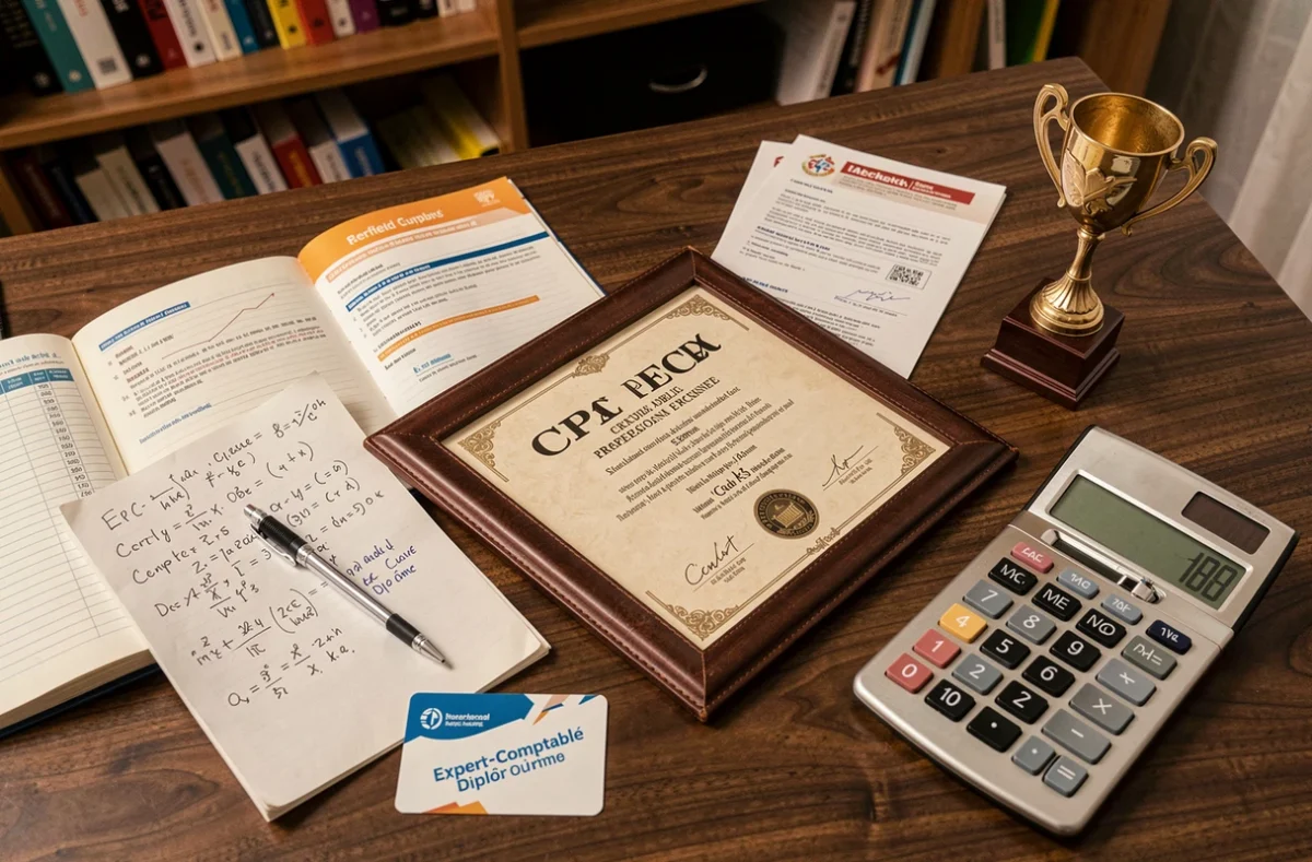 Diplôme d'expert-comptable et matériaux d'étude professionnels posés sur un bureau en bois, symbolisant les plus hauts grades en comptabilité française