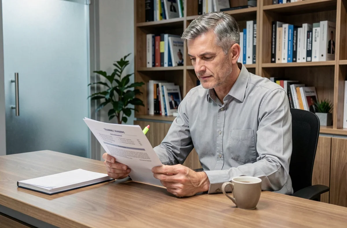Directeur des ressources humaines analysant un document de politique de formation dans son bureau professionnel