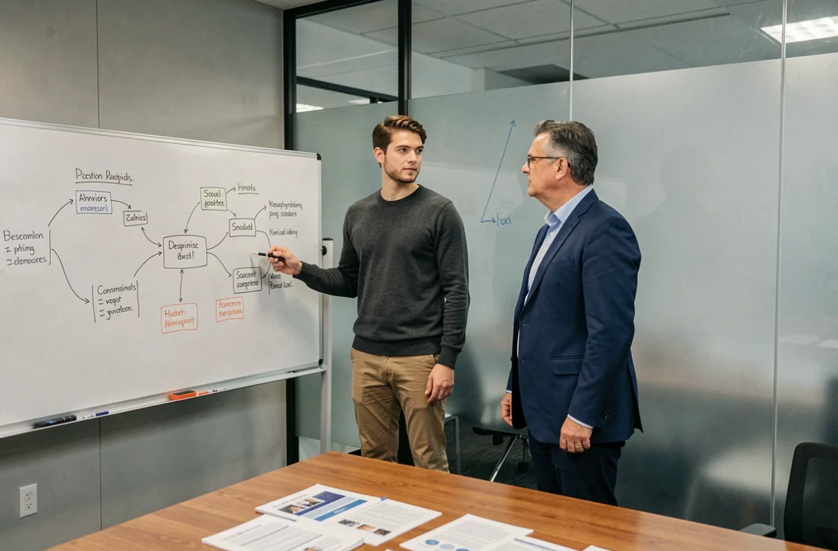 Stagiaire masculin et mentor discutant des objectifs de stage devant un tableau blanc en salle de réunion