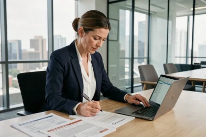Responsable RH élaborant une politique de formation en entreprise, entourée de documents et d'un ordinateur portable dans un bureau moderne