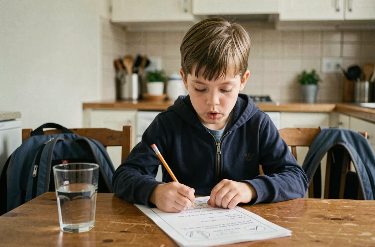 Garçon de CE2 faisant ses exercices de lecture sur des fiches imprimées à la maison après l'école