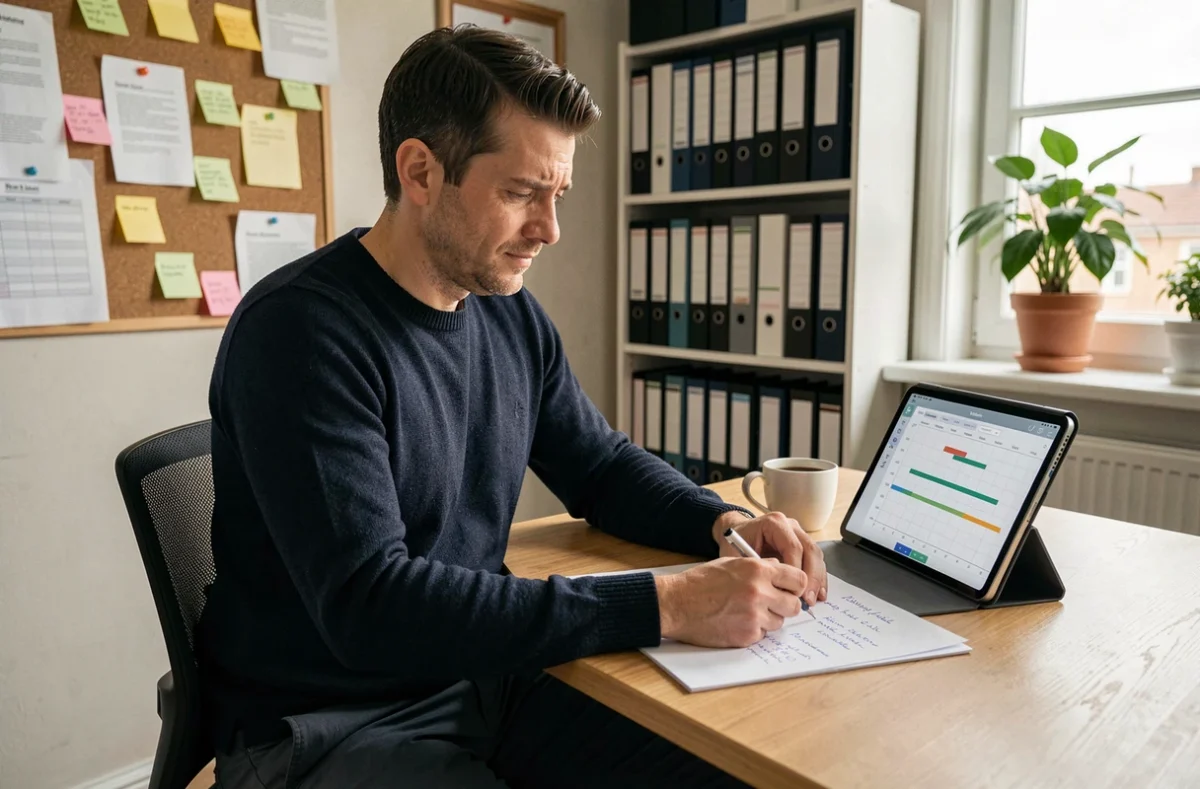 Enseignant analysant un plan de projet pédagogique annoté dans son bureau avec une tablette et un diagramme de Gantt