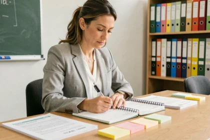 Enseignante planifiant un projet pédagogique à son bureau avec des notes colorées et un cahier ouvert en classe