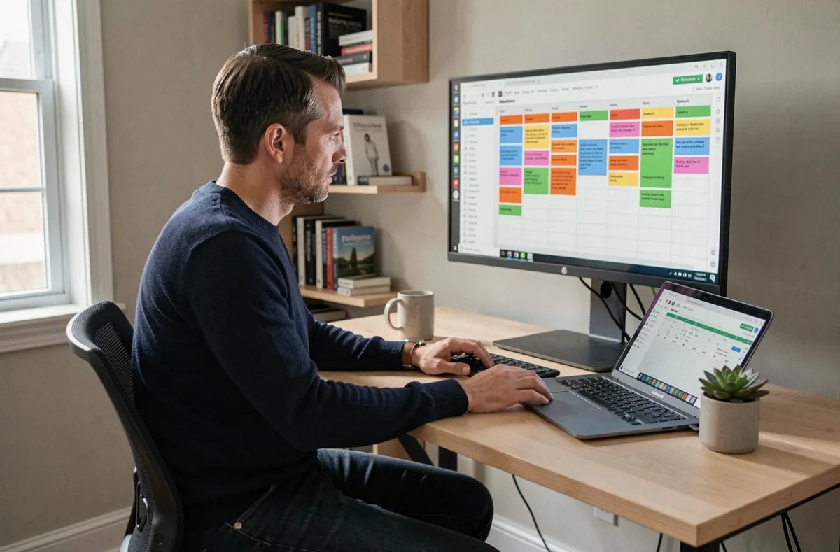 Entrepreneur travaillant seul à un bureau minimaliste avec un tableau Kanban affiché sur un grand écran dans un bureau à domicile organisé