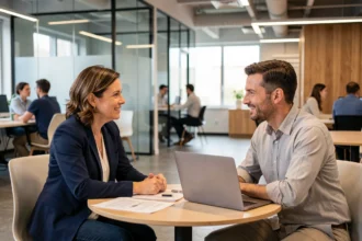 Entretien d'accompagnement professionnel entre une conseillère et un salarié dans un bureau moderne