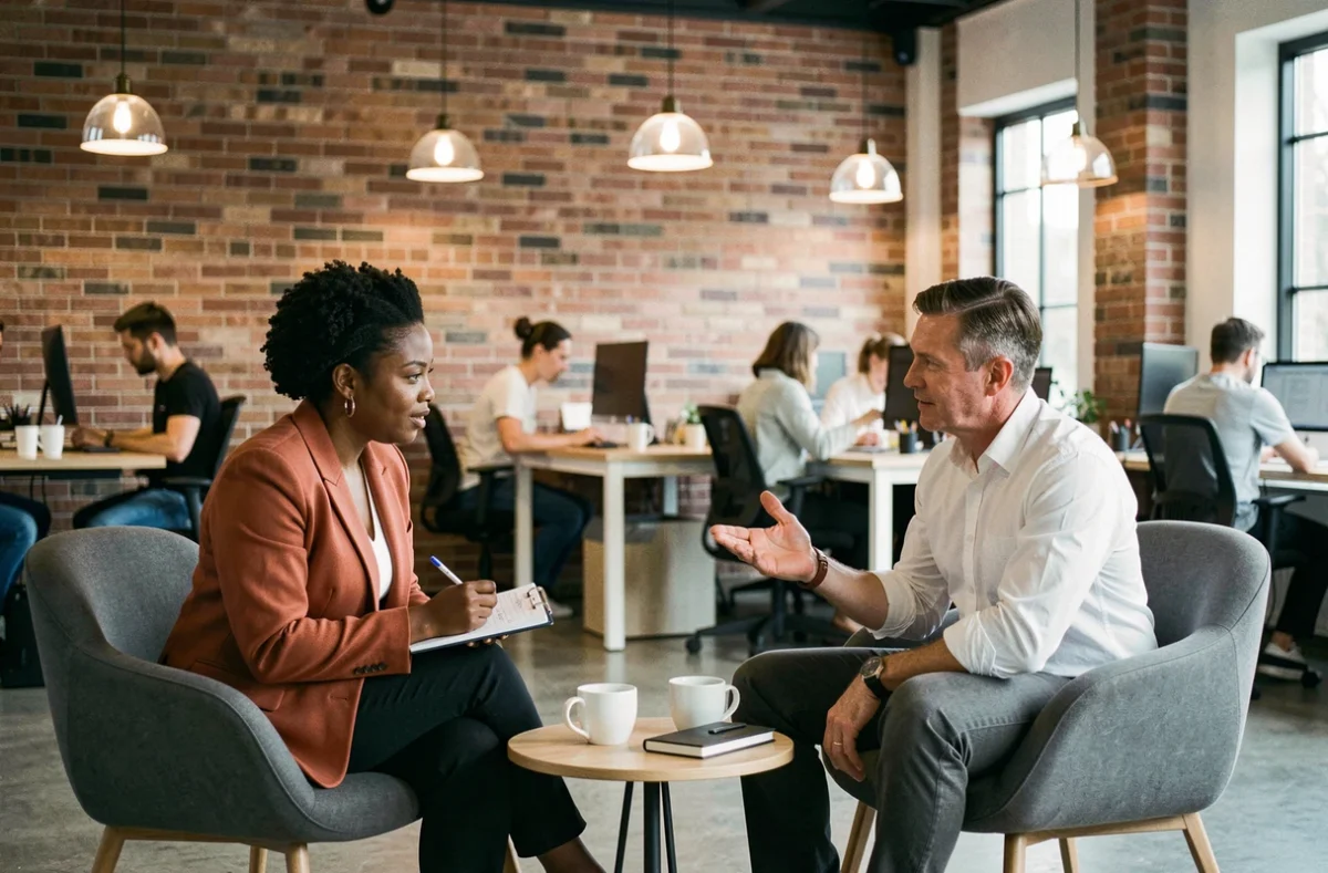 Réunion d'accompagnement professionnel en espace coworking entre deux collègues engagés dans un dialogue constructif