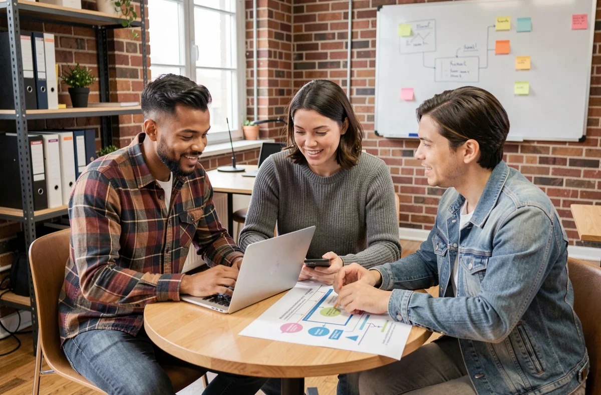 Équipe de professionnels collaborant sur un projet de digitalisation d'entreprise autour d'une table dans un espace de coworking