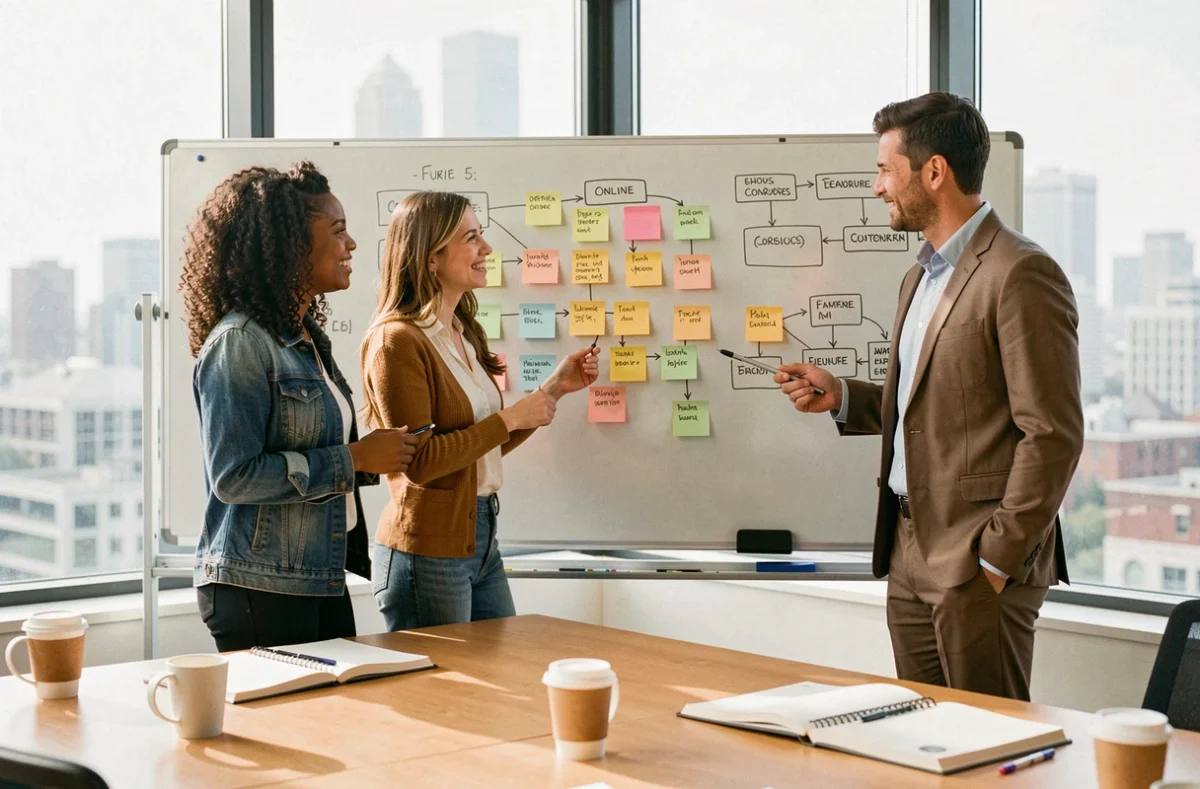 Équipe de concepteurs pédagogiques planifiant la structure d'un MOOC sur un tableau blanc en salle de réunion