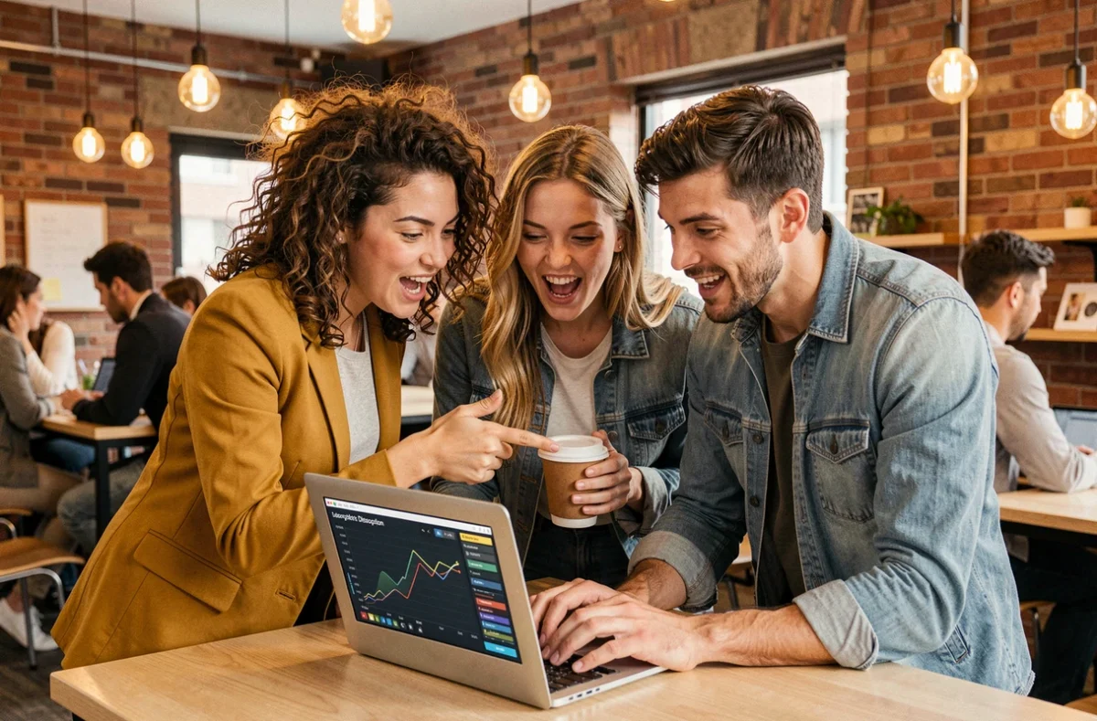 Équipe de jeunes entrepreneurs analysant une courbe de disruption de marché sur un ordinateur portable dans un espace de co-working