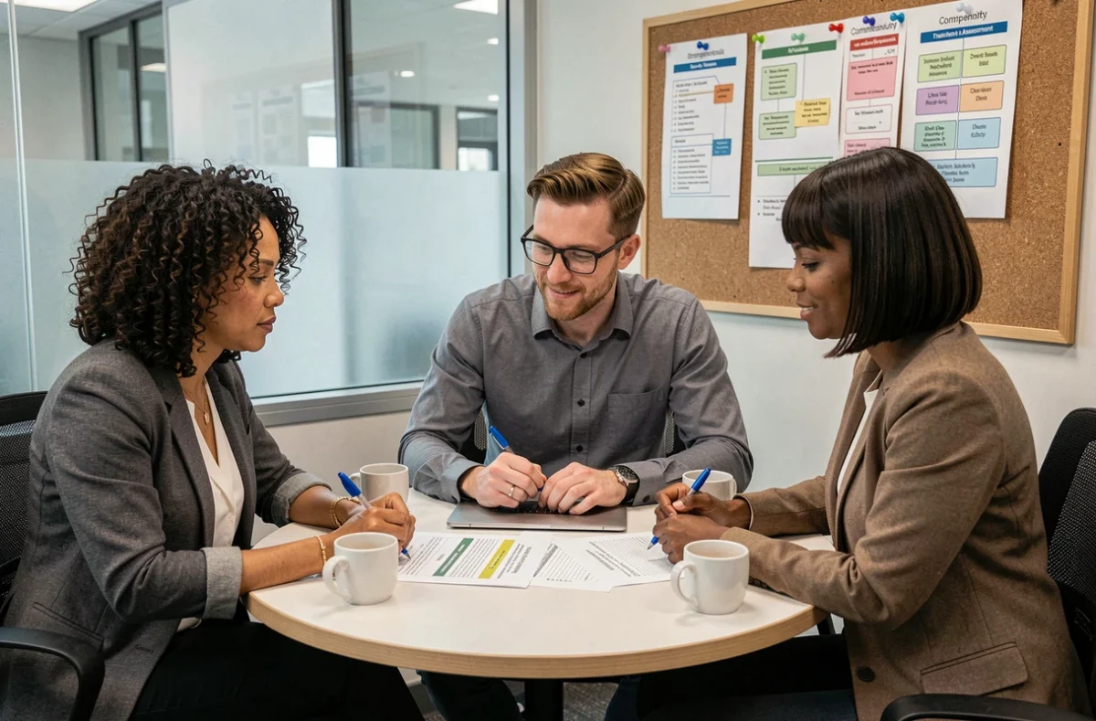 Équipe RH collaborant sur un plan de formation et une analyse des besoins en compétences