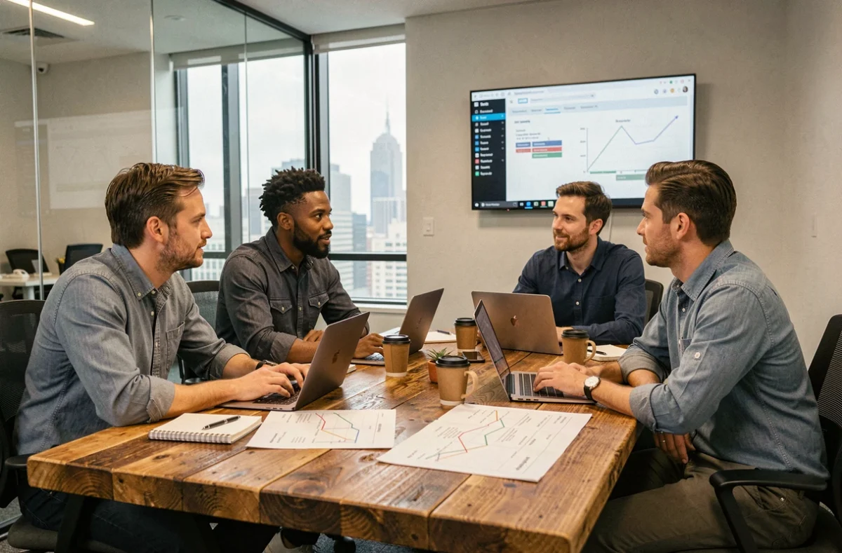 Équipe de startup en réunion autour d'une table avec ordinateurs portables et feuilles de route imprimées dans une salle de conférence moderne