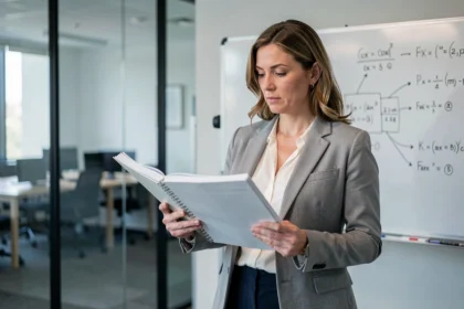 Femme comparant deux dossiers dans un bureau moderne pour illustrer les équivalences professionnelles