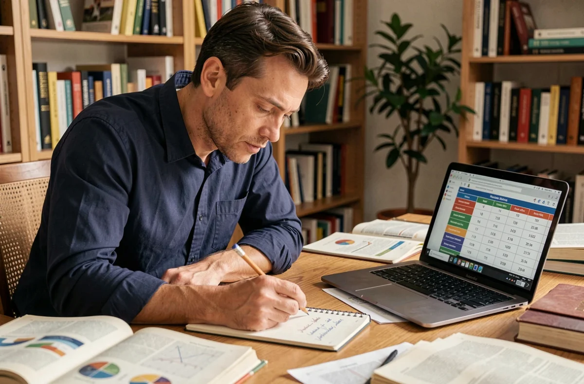 Homme étudiant un tableau d'équivalences dans un bureau à domicile entouré de livres et de documents