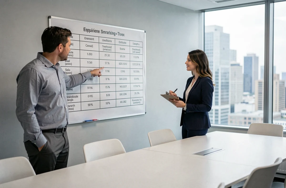Deux professionnels discutant d'un tableau d'équivalences affiché dans une salle de réunion moderne