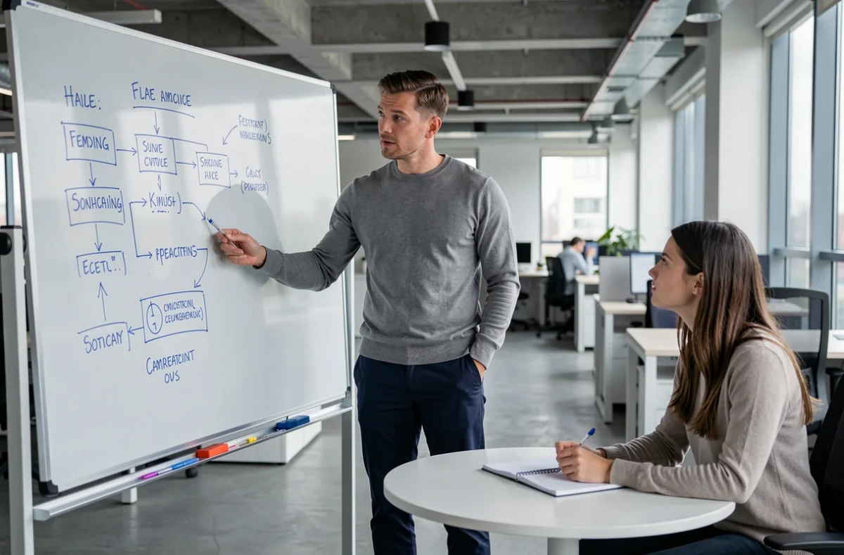 Coach masculin debout devant un tableau blanc expliquant les étapes d'une séance de coaching à une cliente dans un espace de travail moderne