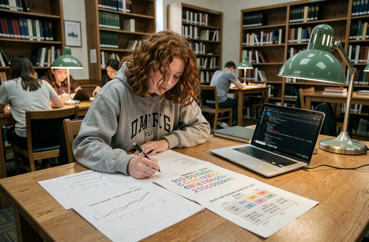 Étudiante en informatique comparant des tableaux de conversion des bases numériques binaire octale et hexadécimale dans une bibliothèque universitaire
