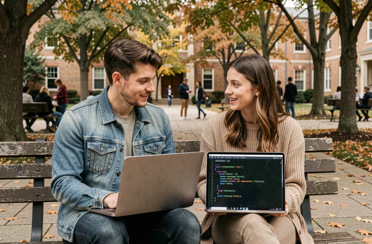 Deux étudiants débutants collaborant sur du code JavaScript sur un campus universitaire en plein air