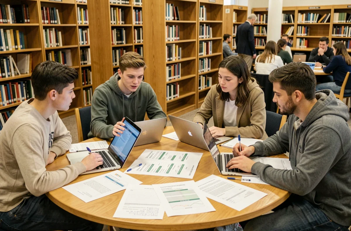 Groupe d'étudiants collaborant sur les étapes de réalisation d'un projet pédagogique en bibliothèque