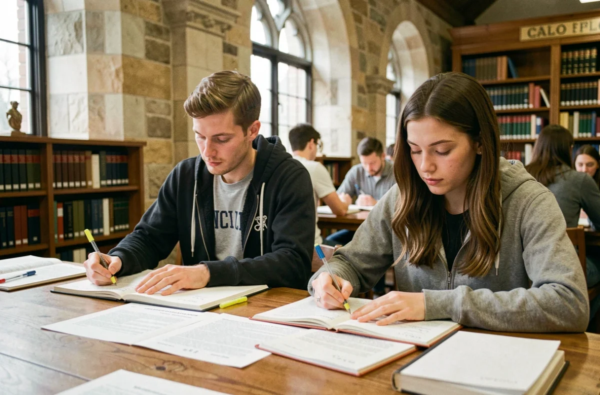 Étudiants en droit étudiant des textes juridiques dans une bibliothèque universitaire