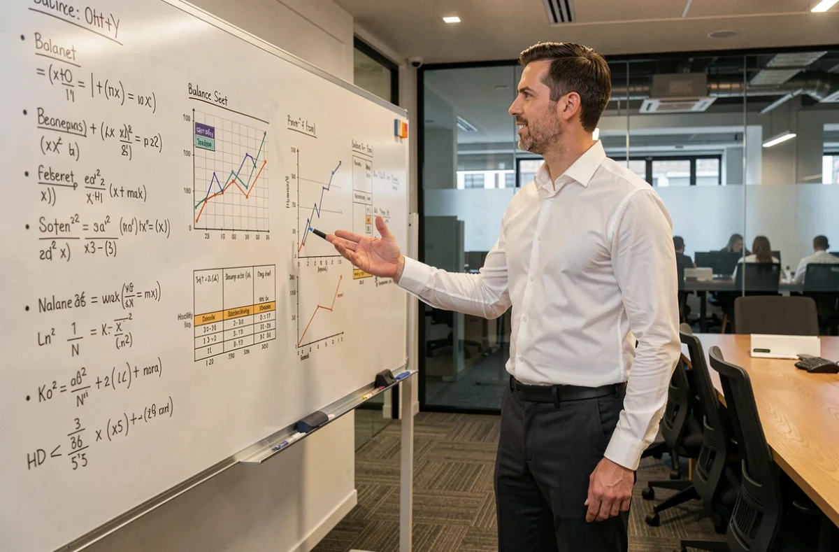Expert-comptable masculin présentant des concepts financiers avancés lors d'une formation professionnelle en salle de conférence