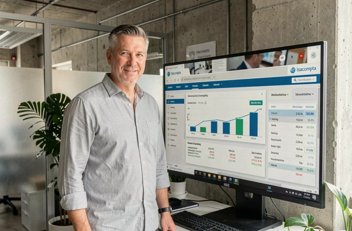 Expert-comptable analysant un tableau de bord financier sur le logiciel ISAcompta