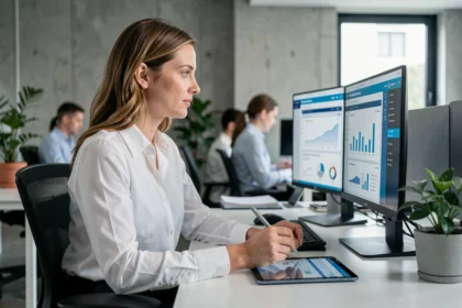Femme d'affaires consultant des tableaux de bord numériques sur des écrans dans un open space moderne pour la digitalisation de son entreprise