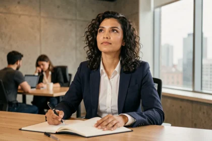 Femme cadre réfléchissant à l'évolution de sa carrière dans un bureau moderne