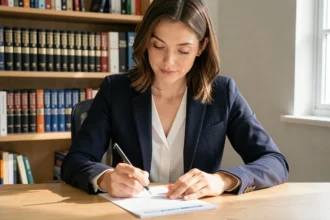 Femme professionnelle annotant son CV bilingue à son bureau à domicile, illustrant comment valoriser ses compétences linguistiques