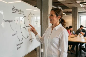 Femme d'affaires expliquant le concept de disruption devant un tableau blanc avec des schémas dans un bureau moderne