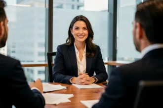 Femme en entretien d'embauche face à deux recruteurs dans un bureau moderne et professionnel